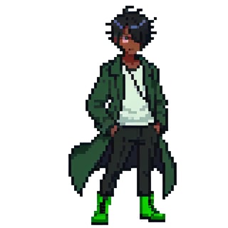 solo, looking at viewer, short hair, simple background, shirt, black hair, 1boy, white background, hair between , closed mouth, standing, full body, male focus, multicolored hair, boots, shoes, pants, virtual youtuber, dark skin, dark green coat, black pants, eyepatch, dark-skinned male, hands in pockets, green footwear