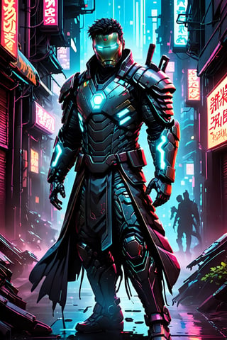 Iron Man, from the Marvel comics, can be imagined in a dystopian urban setting, where a cybernetically enhanced street is adorned with high-tech armor. He strides through neon-lit alleys, casting a cascade of shadows and vibrant light on his gleaming blades and cybernetic implants. This creates a silhouette that defines a modern warrior. The contrast between traditional samurai aesthetics and futuristic cyberpunk elements creates a visual narrative that captures the resilience and adaptability of a modern superhero amidst the chaos of a metropolis. The prompt invites us to create a hyper-realistic image of a street samurai, navigating the gritty streets and symbolizing the coexistence of tradition and technology.