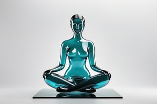 glass figure of an abstract woman sitting cross-legged, made of glass material with a glass body in a simple style on a pure white background, photographed with high definition. --stylize 750