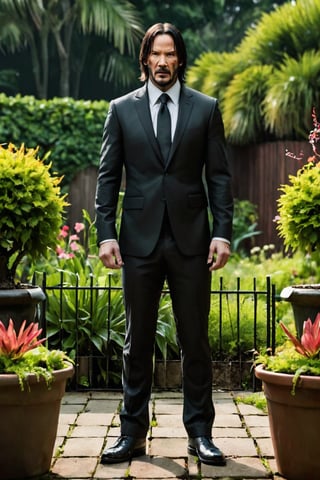 Prompt: john wick, wearing black suit , action pose, standing infront of a garden background