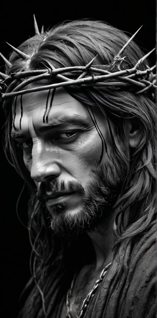 Prompt:
charcoal drawing of Christ's face, head bowed, dirty and wounded, eyes closed, crown of thorns on his head, moody expression, in pain, black hair, dark background, black and white, messy charcoal, insanely detailed, deep color, splash screen, fantasy concept art