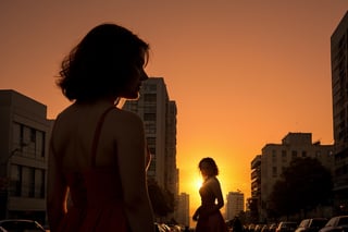 At sunset, the orange-red sky and the silhouettes of high-rise buildings.) (A steady flow of people on the sidewalk.) (A young woman in a red dress stands at the intersection, making a gesture of one hand  holding the sun with her hands through dislocation. Gold The sunlight shines from behind her, giving her silhouette a halo.