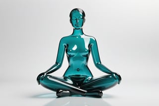 glass figure of an abstract woman sitting cross-legged, made of glass material with a glass body in a simple style on a pure white background, photographed with high definition. --stylize 750