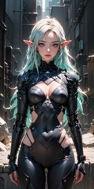 A hauntingly alluring girl with cybernetic enhancements, her delicate features enhanced by dark, shimmering metallic protrusions and glowing neon accents woven into her flowing hair. This concept art depicts her standing amidst a barren wasteland, her piercing eyes gazing into a distant horizon. The image is a digitally-rendered painting, brimming with intricate details and vibrant colors that pop against the stark background. The level of detail and the blend of futuristic and fantastical elements make this artwork a visually striking masterpiece, inviting viewers to immerse themselves in the mysterious world of this augmented elf.