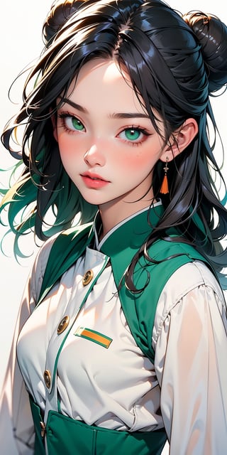 1girl, half body portrait, (age 13-16:1.4), gorgeous, (dynamic pose:0.8),studio lighting, white background, ((vietnamese teen top model)), bang, curly long hair, buns, heterochromia,,downblouse, ((twuniform)). ((green taiwan high school uniform))