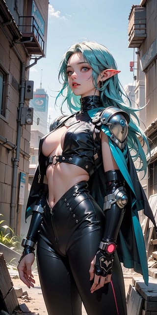 A hauntingly alluring girl with cybernetic enhancements, her delicate features enhanced by dark, shimmering metallic protrusions and glowing neon accents woven into her flowing hair. This concept art depicts her standing amidst a barren wasteland, her piercing eyes gazing into a distant horizon. The image is a digitally-rendered painting, brimming with intricate details and vibrant colors that pop against the stark background. The level of detail and the blend of futuristic and fantastical elements make this artwork a visually striking masterpiece, inviting viewers to immerse themselves in the mysterious world of this augmented elf.