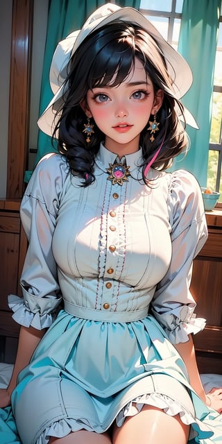 (Masterpiece, Best Quality:1.3), insaneres, (8k resolution), (centered), digital illustration, (outline, thick lineart), frilled collar, doll dress, bonnet, glowing, black eyes, soft, soft lighting, black hair, hair bow, full angle view, bloom, shadow, (faux traditional media:1.3), long bangs, (detailed eyes, perfect face), jewelry, beaded curtain, colorful, sidelocks, looking at viewer, large breasts, ascot, (multicolored theme:1.2), frilled collar, single braid, doll dress, knee-high stockings, giggling, magical girl,sugar_rune,fodress,1 girl