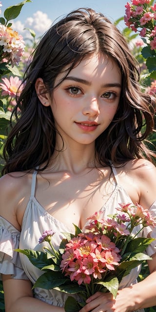 (1girl, black hair, long hair, orange eyes, looking at camera, spiral_eyes, big breasts), portrait, holding flowers, (masterpiece, best quality:1.4), (Beautifully Aesthetic:1.2),cute, smiling, happy, peace, tranquility, serenity, hydrangeas, orchicds, sakura, flowers (innocent grey), petals, exposed shoulders, collarbone, dress, pastel colors, rain, complex background