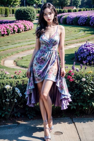 Gal Gadot  wearing a floral dress and high heels stands in a lavender garden, posing while looking at the audience, 16K, detailed