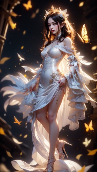 Ka Lion's photos are in a realistic style, with long-distance perspective and ultra-wide angle, so you need to see the whole body of the character. Seeing the protagonist's feet kicking and dancing brings joy. Drawing: A young Asian lady, 20 years old, wearing an off-shoulder light silk evening dress, controlling the dress to turn into flowing liquid, allowing the flowing light yellow and white transparent liquid to splash into flowers, butterflies and fireflies.