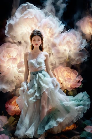 Inspired by photography from Vogue magazine, On a cloudy day, a woman is wearing a romantic transparent gauze, like clouds, a colorful long skirt, the woman's face is looming, the atmosphere is like smoke and a dream, it is indescribably beautiful.