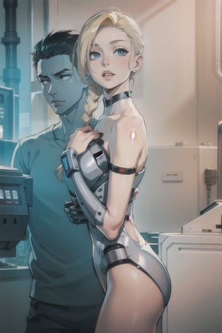robot woman, naked, white, synthetic skin, long blonde hair gathered in a ponytail (braid), manufacturing lines all over the skin, mechanical eyes, red lips, Hd, anime, like deviant art.