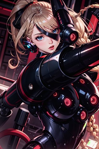 robot woman, naked, white, synthetic skin (no metal), long blonde hair gathered in a ponytail (braid), manufacturing lines all over the skin, mechanical eyes, red lips, Hd, anime, like deviant art.