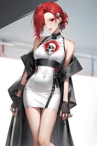 dongtan dress,body,hair black,red eyes,skull tattoo 