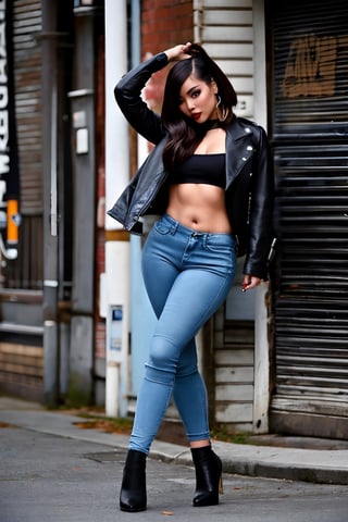 21 years old, beautiful detailed eyes, sexy supermodel detailed makeup, dark lips, kairi sane hairstyle, black eyeshadows, flirty look, tight jeans, denim jacket, Cardi B