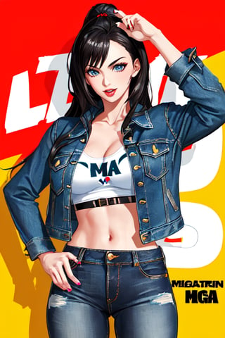 Bad and rebel girl having a good time in a party and posing so flirty, she is wearing a rebel and bad girl outfit with jeans and a denim jacket,girl,Megan fox 