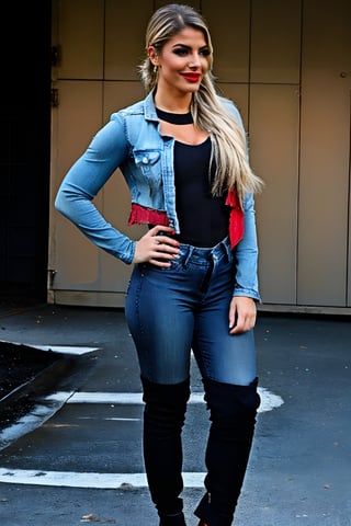 beautiful face, hot red lips, hot make-up, wearing cropped denim jacket and tight levis jeans in light blue color,blackbootsnjeans