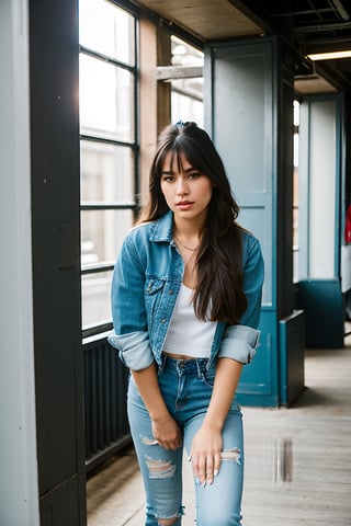 long hair with ponytail and fringe, beautiful face, onlyfans model, hot lips, black eyeshadow, wearing cropped denim jacket and tight levis jeans in light blue color,blackbootsnjeans, white girl