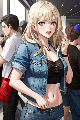 Bad and rebel girl having a good time in a party, she is wearing a rebel and bad girl outfit with jeans and a denim jacket