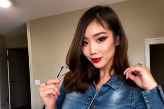 beautiful detailed eyes, tight jeans, tight cropped small denim jacket, sexy girl make-up, dark lips, kairi sane is posing very sexy, smoking a cigarette in her apartment,realistic, punk girl hair color,kairisane