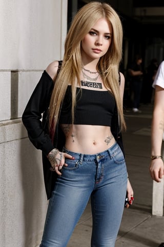 Avril Lavigne in her young years, she is wearing a rebel girl attire with jeans