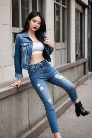 Bad and rebel girl having a good time in a photoshoot model for levi's, slim body, she is wearing a rebel and bad girl outfit with tight jeans and a cropped denim jacket to her waist