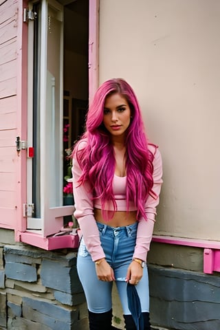 pink hair, long hair with ponytail and fringe, beautiful face, onlyfans model, hot pink lips, pink eyeshadow, wearing cropped denim jacket and tight levis jeans in light blue color,blackbootsnjeans, white girl
