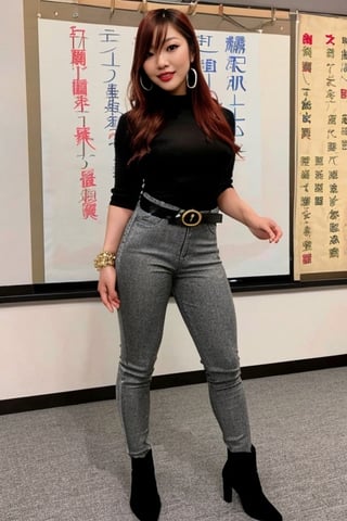 Kairi Sane is a japanese teacher teaching her class at a university, she is wearing a formal attire, skinny_jeans, small heel boots, black lips, fashion belt, hoop earrings,kairisane