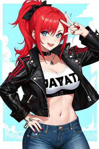 Bad and rebel girl having a good time in a party and posing so flirty, she is wearing a rebel and bad girl outfit with tight jeans and a cropped jacket to her waist,girl