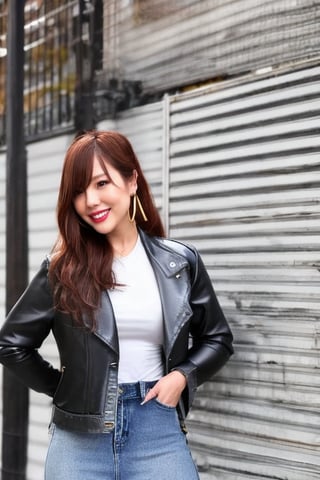 Kairi Sane is a girl flirting with long hair wearing a denim jacket and jeans, smiling flirty, hoop earrings, slim body,kairisane