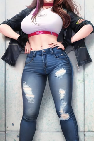 Anime hot girl with long hair wearing a denim jacket and jeans,kairisane
