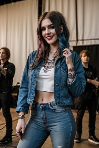 American rebel girl guitarrist, 19 years old, smile, dark lips, rebel look, punk girl hairstyle, she is playing a guitar in a concert, cropped denim jacket, tight blue jeans, punk girl makeup, full body shot, slim girl