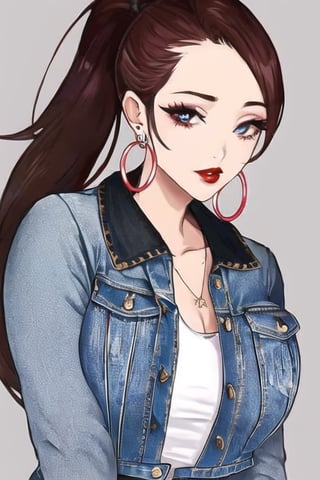 beautiful detailed eyes, tight jeans, cropped denim jacket, kairi sane hairstyle, red lips,1girl folded ponytail, hoop earrings,
