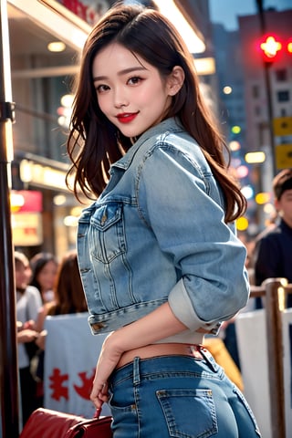 beautiful detailed eyes, tight jeans, cropped denim jacket, make-up, red lips, smiling, posing sexy in a night club and smoking a cigarette, realistic