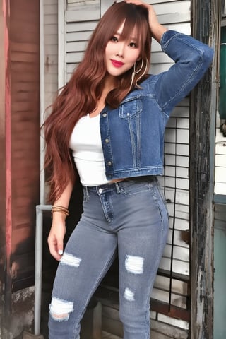 beautiful detailed eyes, tight jeans, cropped denim jacket, kairi sane hairstyle, red lips,kairisane