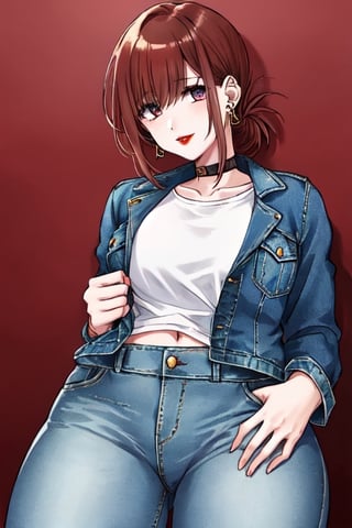 beautiful detailed eyes, tight jeans, cropped denim jacket, kairi sane hairstyle, red lips,1girl folded ponytail earrings