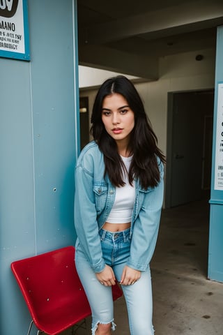 long hair with ponytail and fringe, beautiful face, onlyfans model, hot lips, black eyeshadow, wearing cropped denim jacket and tight levis jeans in light blue color,blackbootsnjeans, white girl