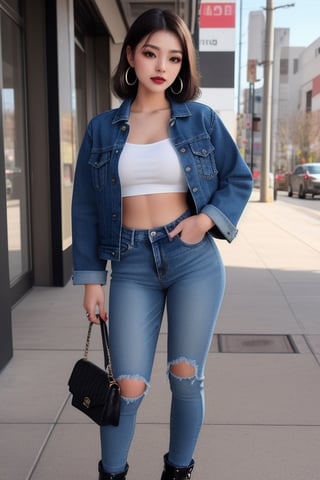 Japanese onlyfans model woman, 18 years old, dark lips, onlyfans model teen girl hairstyle, typical fashion model woman outfit, hoop earrings, tight denim jacket, punk girl makeup, full body shot, slim girl, sexy body, long nails,sexy jeans,Sexy Pose,blackbootsnjeans,1 girl 