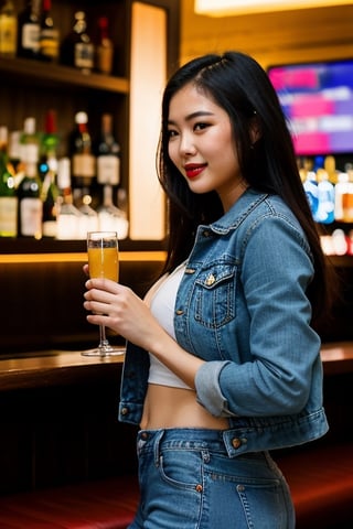 sexy asian girl having a good time in a bar, beautiful detailed eyes, tight jeans, tight cropped small denim jacket, sexy girl make-up, dark lips, realistic, punk girl hair color,girl