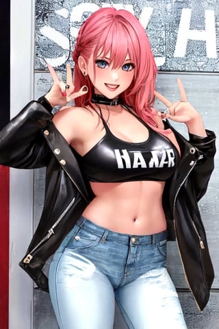 Bad and rebel girl having a good time in a party and posing so flirty, slim body, she is wearing a rebel and bad girl outfit with tight jeans and a cropped jacket to her waist,girl,kairisane