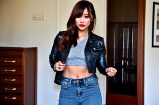 beautiful detailed eyes, tight jeans, tight cropped small denim jacket, sexy girl make-up, dark lips, 35 years old girl, kairi sane is posing very sexy, smoking a cigarette in her apartment,realistic, punk girl hair color,kairisane,1girl