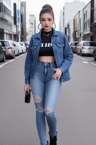 Japanese onlyfans model woman, 18 years old, dark lips, onlyfans model girl hairstyle with ponytail and fringe, typical fashion model woman outfit, hoop earrings, tight denim jacket, punk girl makeup, full body shot, slim girl, sexy body, long nails,sexy jeans,Sexy Pose,blackbootsnjeans,1 girl 