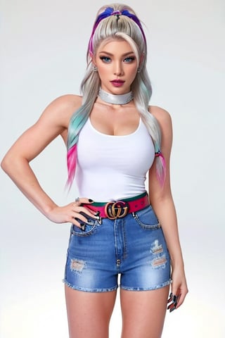 Alexa Bliss, fashion gucci belt, hot dark lips, alexa bliss hairstyle, she is wearing daisy duke jeans