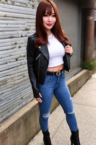 Kairi Sane in her young years, she is wearing frayed jeans, cropped leather jacket, heel boots, black lips, fashion belt, she is flirting,kairisane