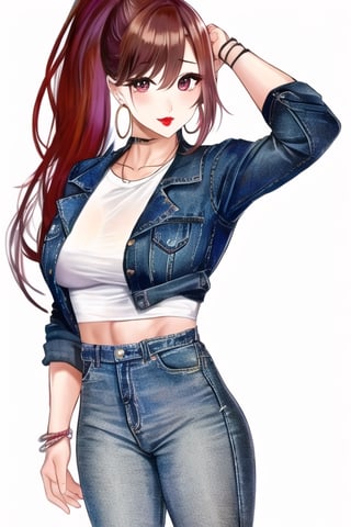 beautiful detailed eyes, tight jeans, cropped denim jacket, kairi sane hairstyle, red lips,1girl folded ponytail, hoop earrings,kairisane