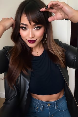 beautiful detailed eyes, sexy supermodel detailed makeup, dark lips, kairi sane hairstyle, black eyeshadows, flirty look, tight jeans, denim jacket, Cardi B