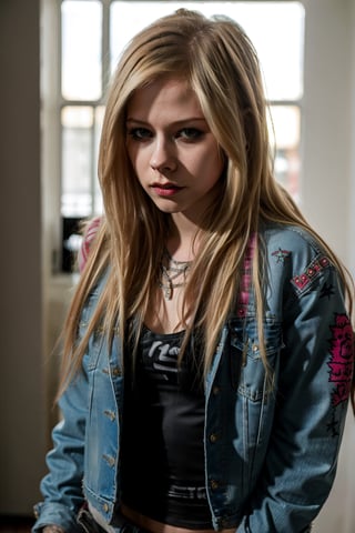 Avril Lavigne, punk girl attire, tight jeans, denim jacket, punk girl makeup, hot dark lips