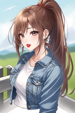 beautiful detailed eyes, tight jeans, cropped denim jacket, kairi sane hairstyle, red lips,1girl folded ponytail earrings,kairisane