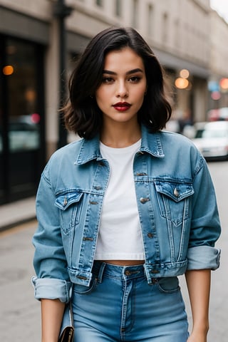 beautiful face, hot dark lips, wearing cropped denim jacket and tight levis jeans in light blue color