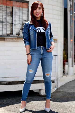 Kairi Sane, she is wearing jeans, small denim jacket and a sexy t-shirt